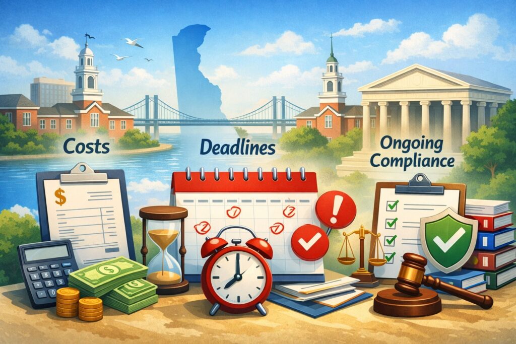 Comparing Costs, Deadlines, and Ongoing Compliance in Delaware