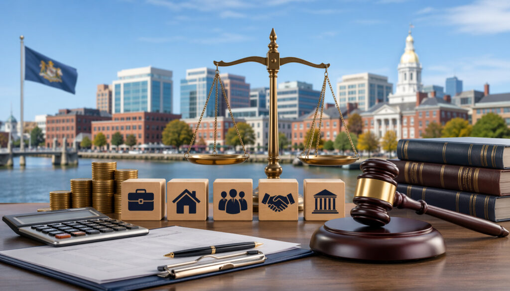 Illustration of attorney fees concept in Delaware featuring legal scales, gavel, calculator, financial icons, and city courthouse background symbolizing different types of legal matters and costs
