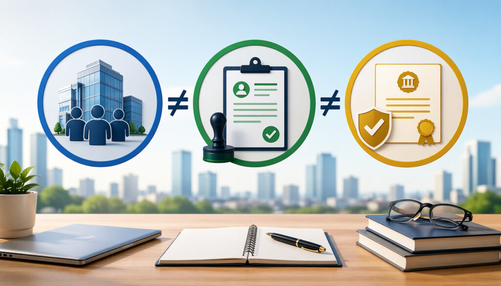 Conceptual illustration showing differences between business formation, registration, and licensing with office desk setup, city skyline background, and three distinct process icons representing each stage