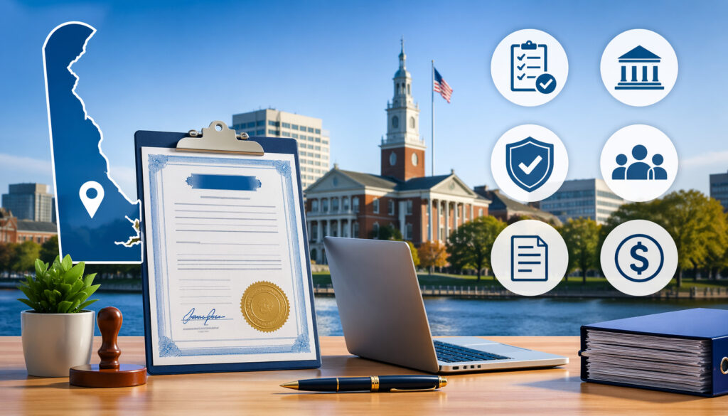 Professional illustration of Delaware business licensing concept featuring official certificate, office workspace, government building background, and compliance-related icons without text