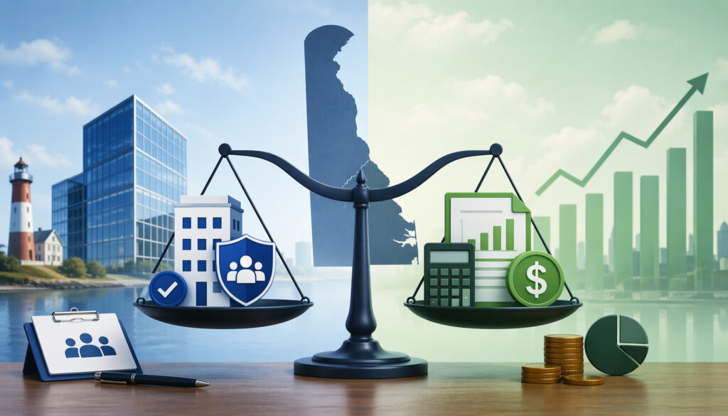 Illustration of a balance scale comparing Delaware franchise tax and corporate income tax with business icons, financial charts, and Delaware state silhouette in the background