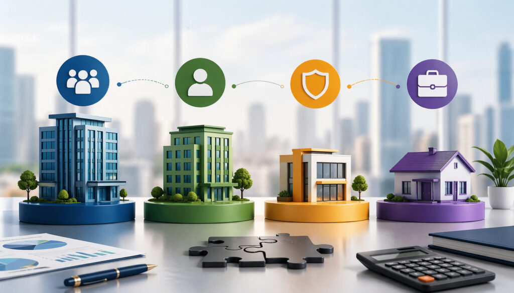 Modern 3D illustration of different business entity structures represented by buildings and icons, symbolizing corporations, LLCs, and small businesses in a professional financial setting