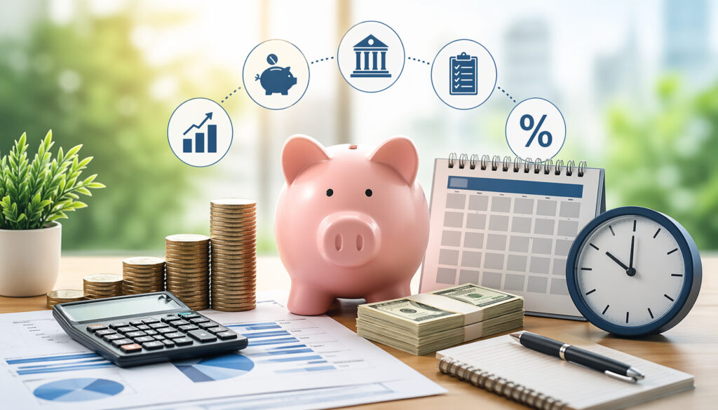 Financial planning illustration with piggy bank, calculator, calendar, cash stacks, and growth icons representing estimated tax payments and budgeting