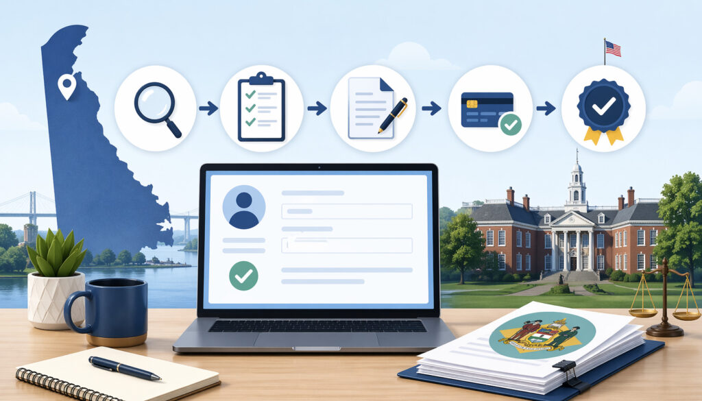 Delaware business license application process illustration with step-by-step icons, laptop registration form, and state government building background
