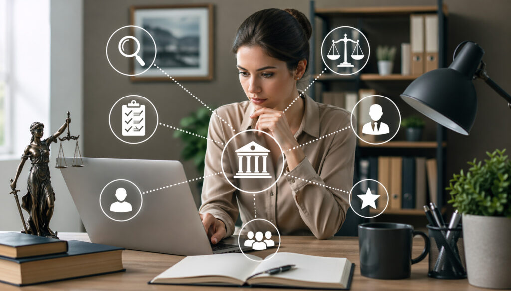 Professional researching attorneys online at desk with legal icons, laptop, and justice statue in modern office setting