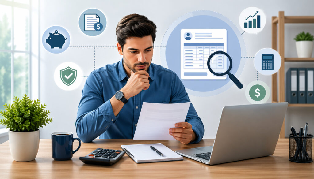 Professional reviewing paycheck and tax withholding details at desk with financial icons representing payroll, taxes, budgeting, and financial planning
