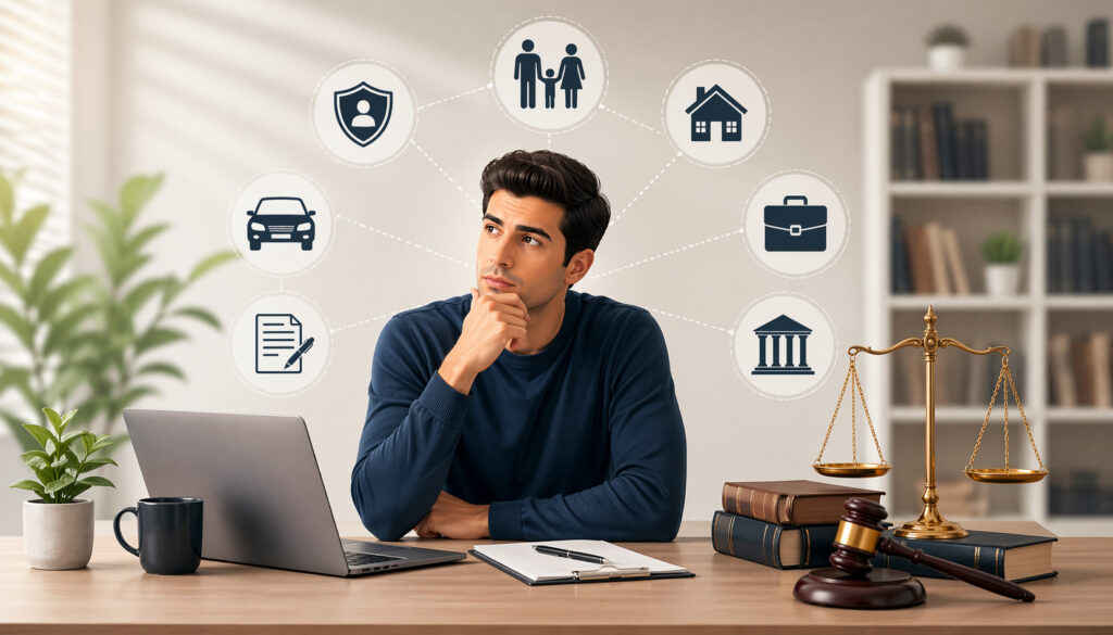Man analyzing different types of legal needs at a desk with law icons representing family, business, property, and contracts in the background