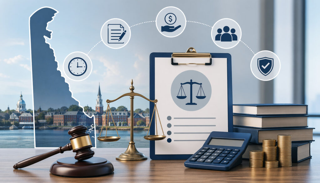 Illustration of legal billing concepts in Delaware featuring scales of justice, gavel, calculator, documents, and financial icons against a coastal city backdrop