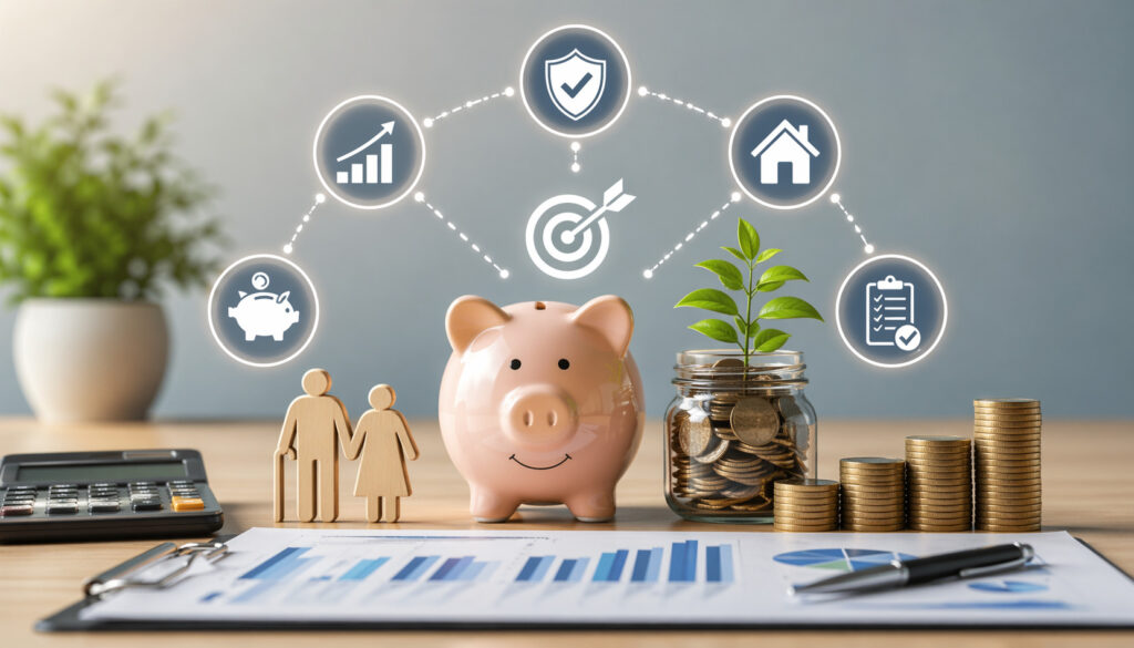 Financial planning concept with retirement accounts, tax strategy, investment growth charts, and savings icons in a modern professional setting
