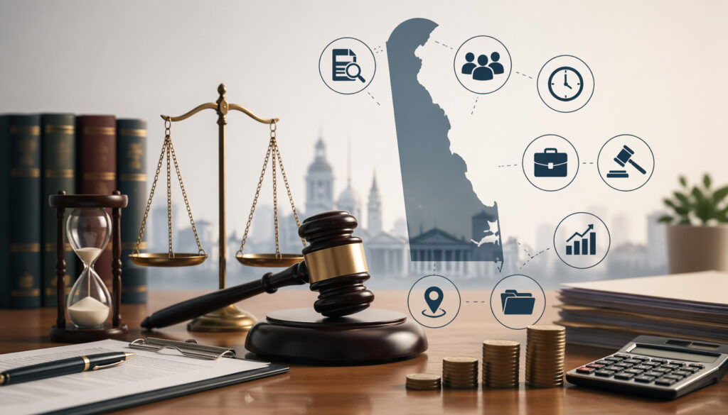 Professional legal and financial concept illustration featuring a judge’s gavel, scales of justice, law books, hourglass, and financial elements like coins and calculator with a Delaware state silhouette and business icons in the background