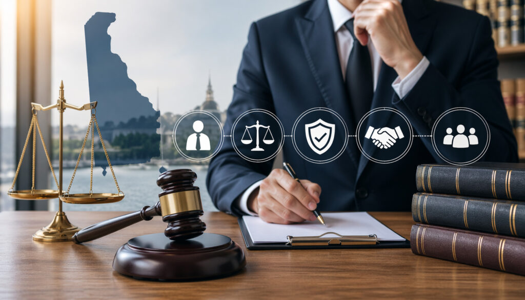 Professional Delaware attorney consultation scene with legal gavel, scales of justice, law books, and business icons representing trust, compliance, and legal expertise