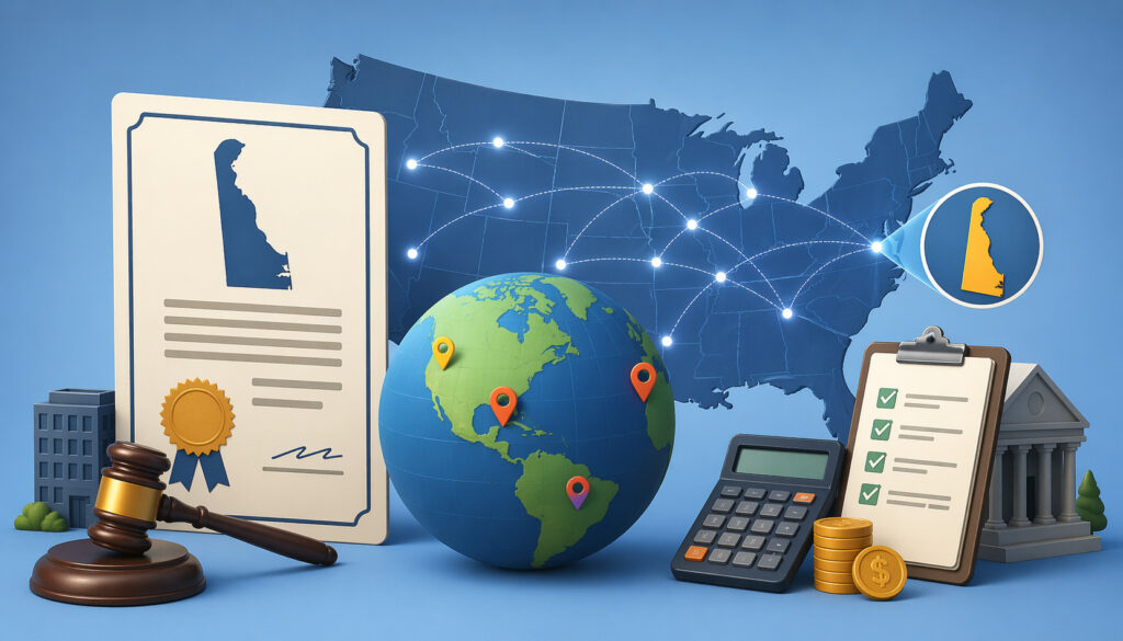 3D illustration of Delaware incorporation concept with U.S. map, legal certificate, globe, and financial icons representing multi-state business taxation