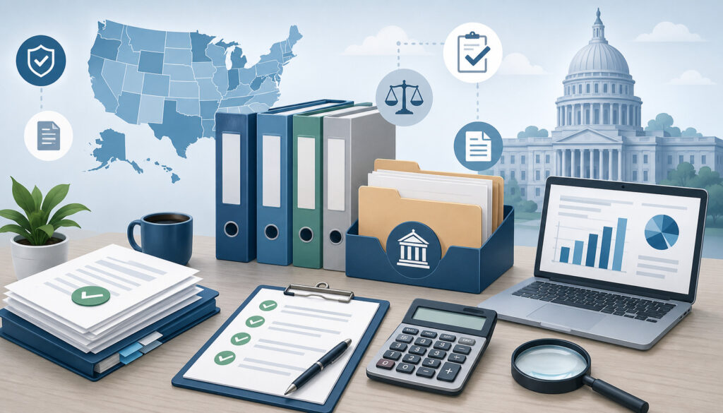 Business compliance documents and state filing checklist illustration