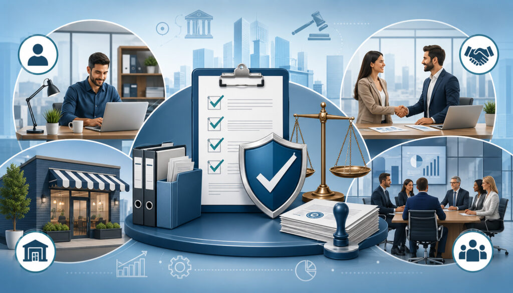 Business compliance checklist with legal icons and entity types