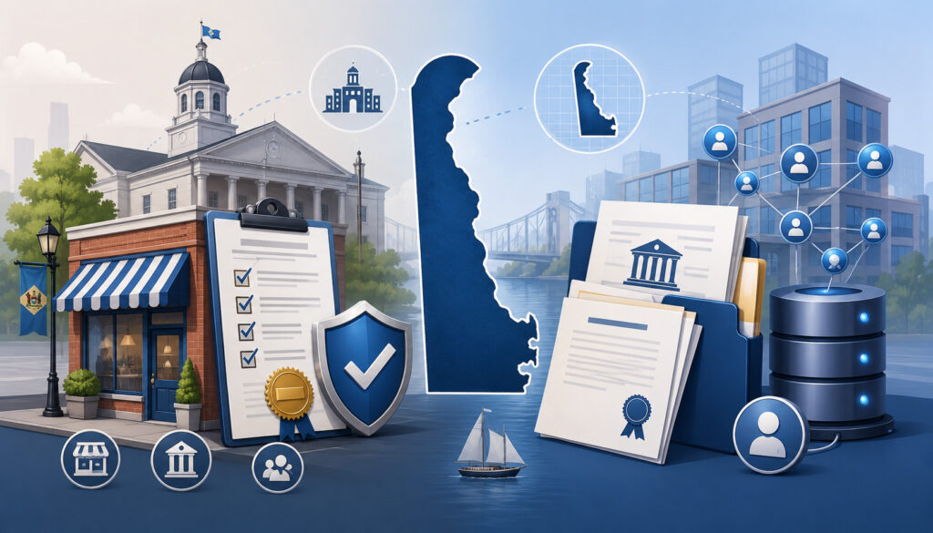 Delaware business license and registration documents illustration
