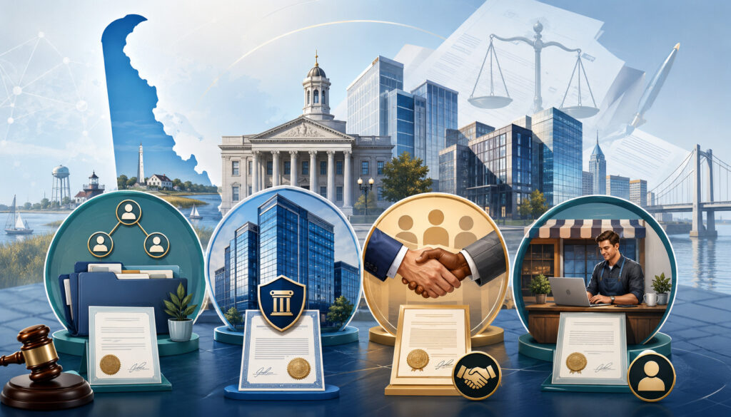 Delaware business formation requirements illustration with legal documents and company icons