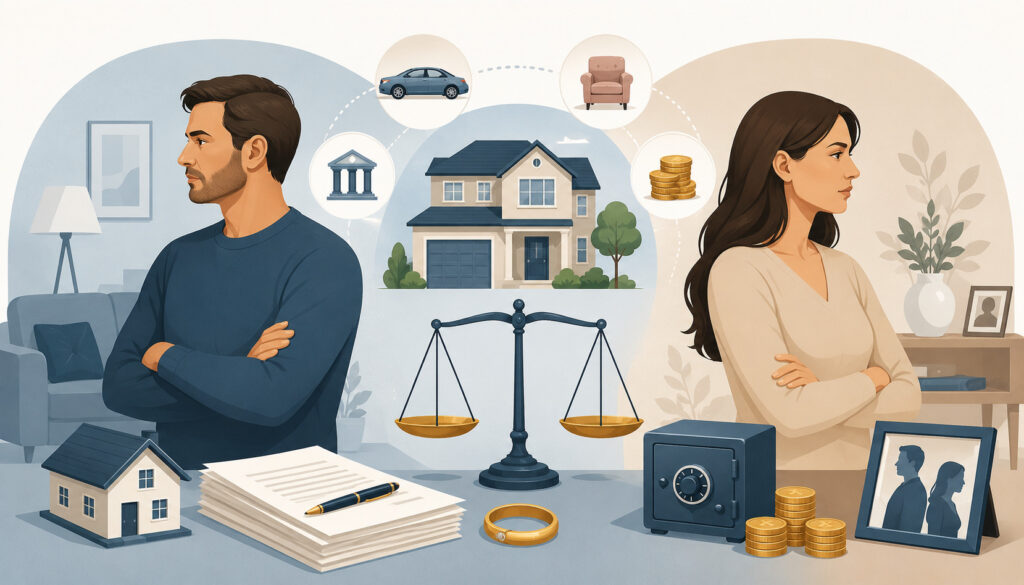 Divorce property division and asset settlement illustration