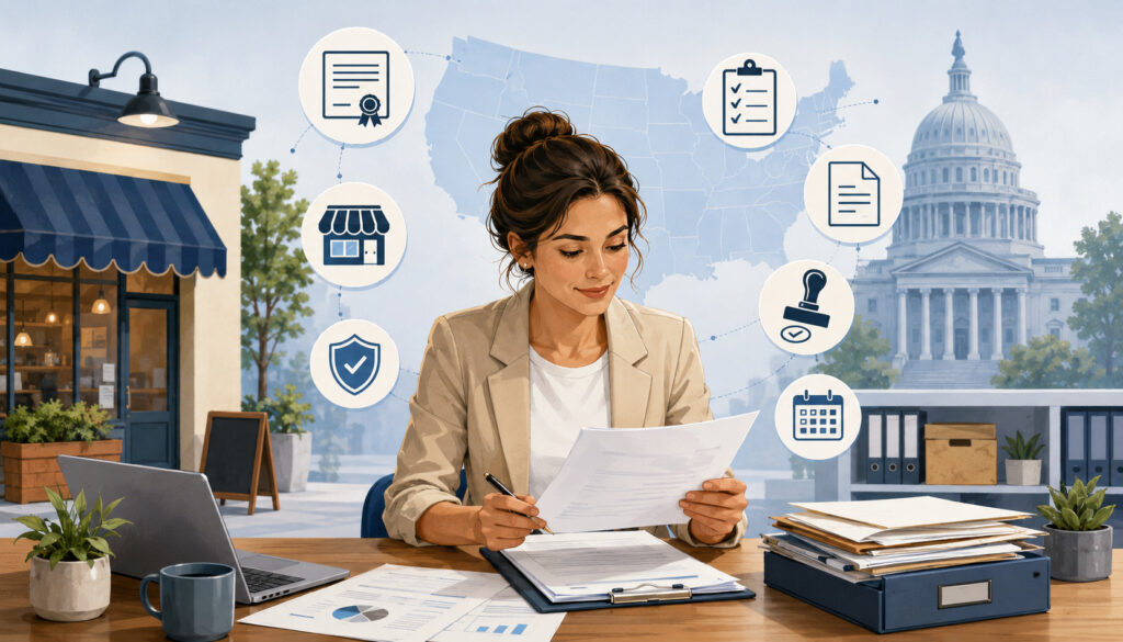 Small business owner reviewing state license requirements and compliance documents