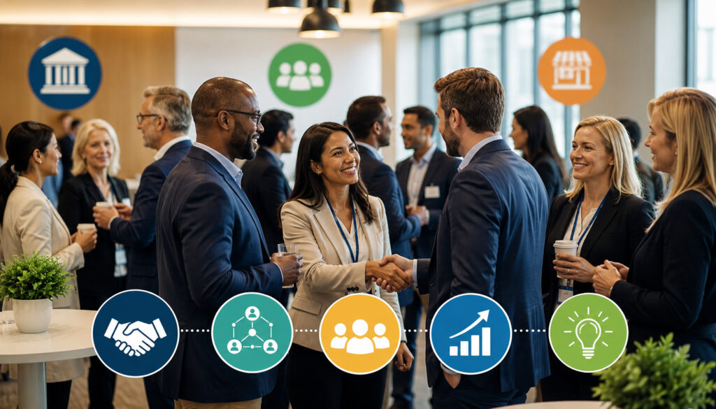 Business professionals networking at a chamber and small business association event