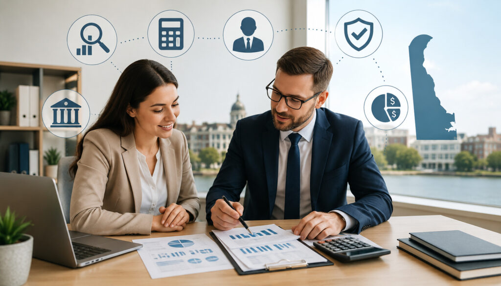 Accountant reviewing financial documents with a Delaware business owner