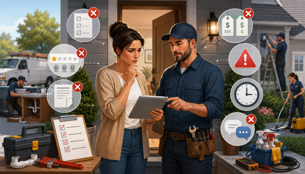 Homeowner reviewing service provider mistakes and warning signs