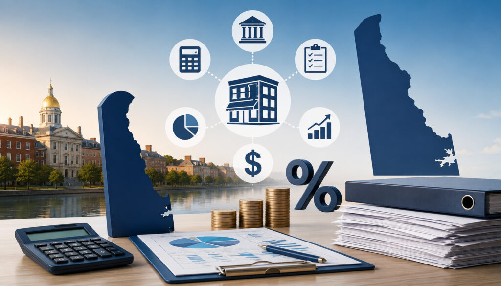 Delaware business tax planning with financial documents and calculator
