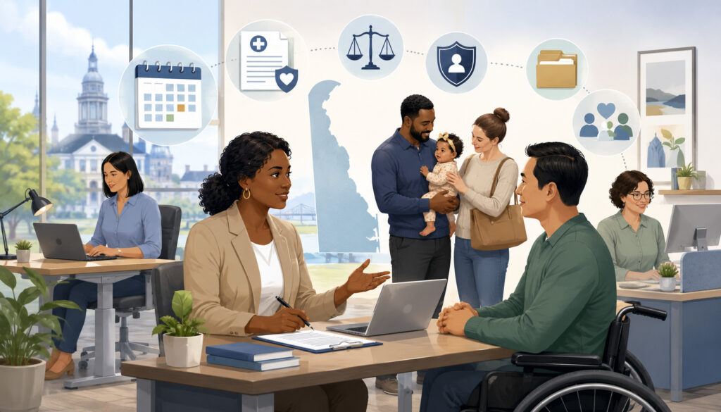 HR manager discussing employee leave and workplace accommodations in Delaware