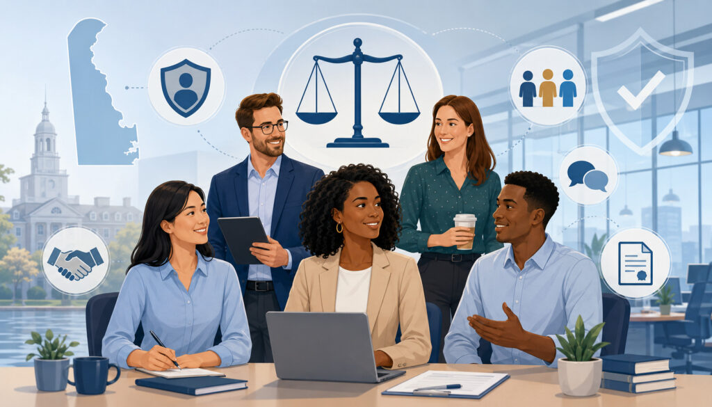 Employees discussing workplace rights and legal protections in Delaware