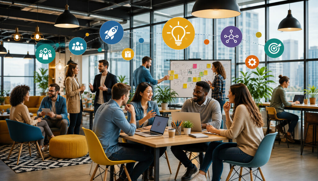 Entrepreneurs collaborating in a modern coworking community
