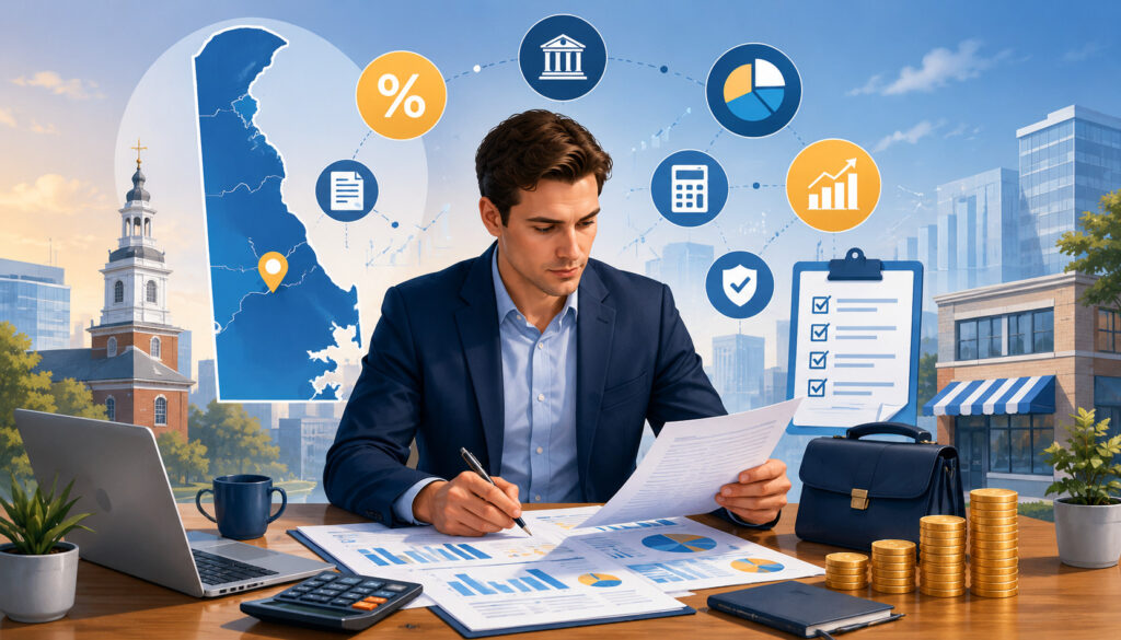 Business owner reviewing Delaware tax documents and financial charts