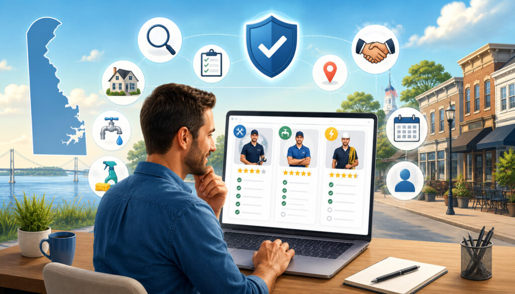 Person comparing Delaware service providers using ratings, checklists, and trust icons