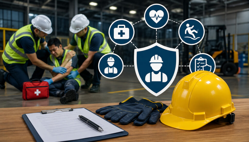 Workplace safety equipment and first-aid response in an industrial setting