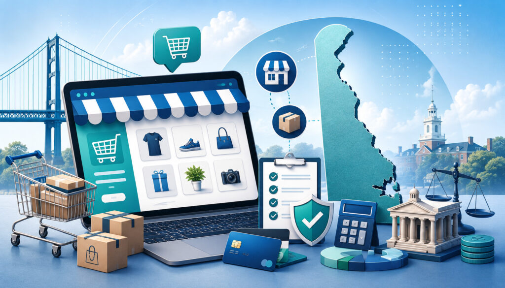 Delaware ecommerce marketplace with online shopping, payments, shipping, and tax compliance icons