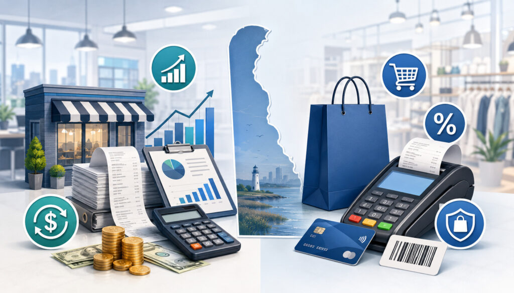 Delaware gross receipts tax vs. sales tax illustration with business and retail icons