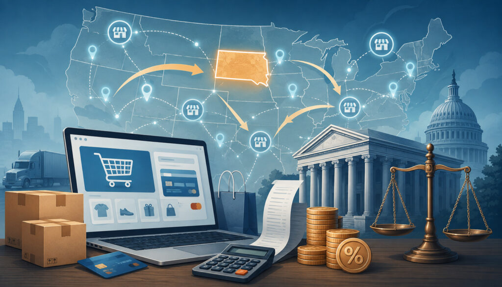 Illustration of interstate e-commerce, sales tax, shipping, and legal compliance after South Dakota v. Wayfair