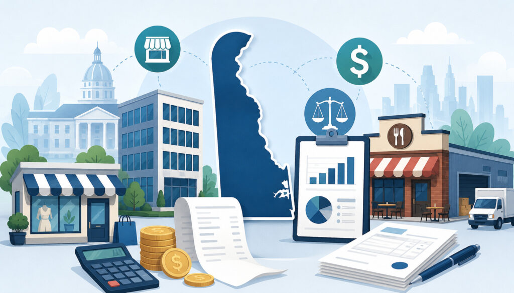Delaware businesses, storefronts, receipts, calculator, and tax icons illustrating gross receipts tax obligations